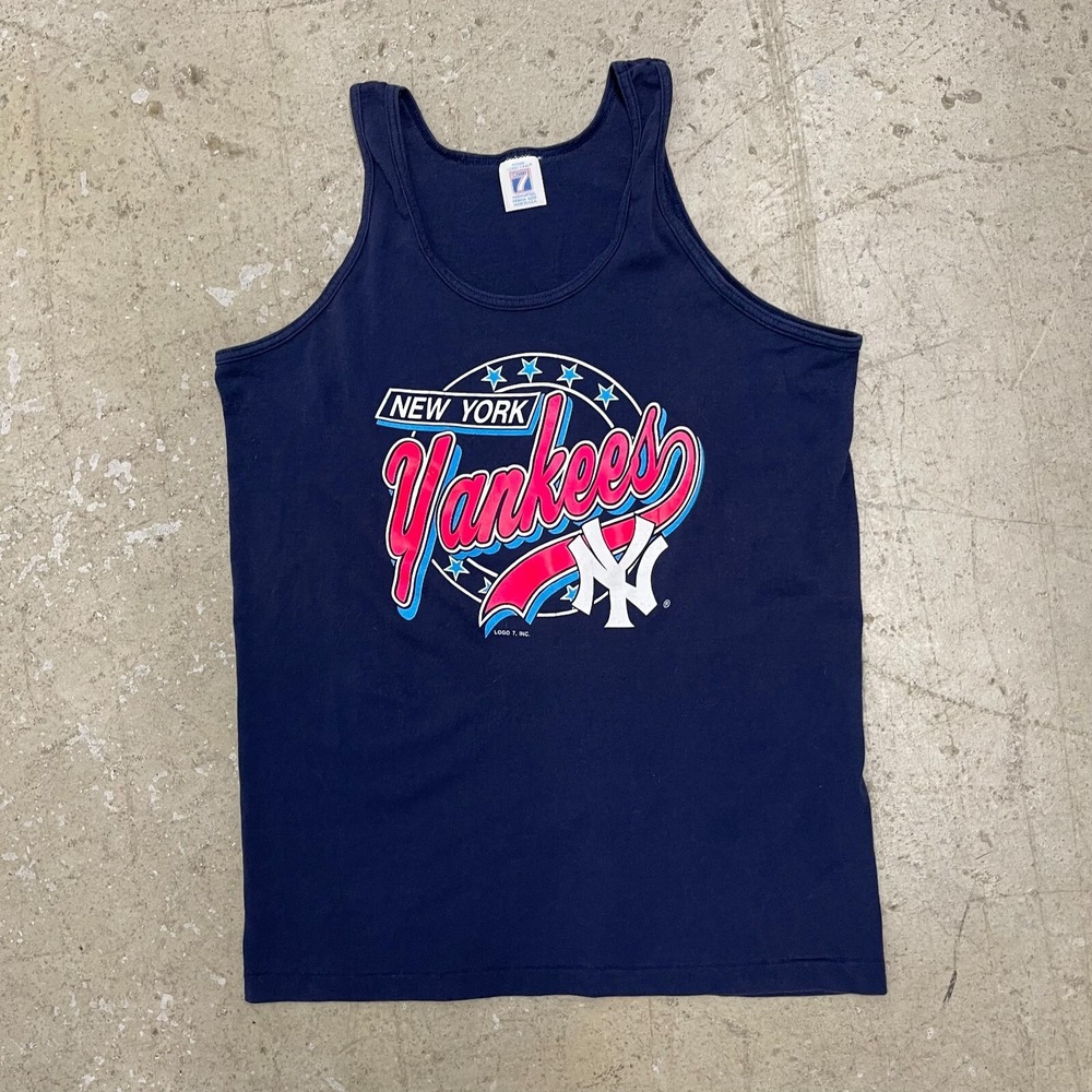 Vintage New York Yankees Tank Adult Small Blue Neon Logo 7 USA‎ Single Stitch